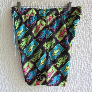 Maui Sons Mens Swim Shorts Board S Colorful Neon Shark Print New Inseam 6.5 W31